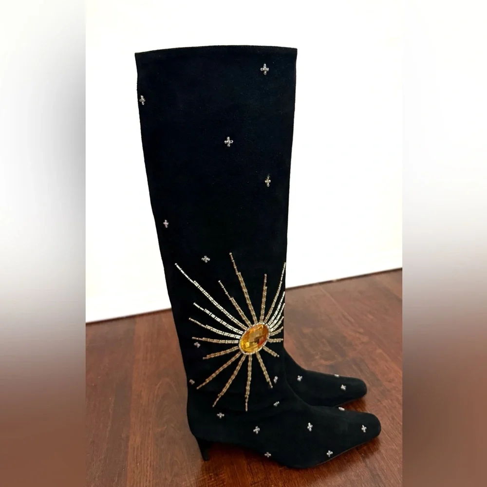 NWT STAUD Wally Suede Crystal embellished Tall Boots in Black Celestial Size 8 - Picture 9 of 17